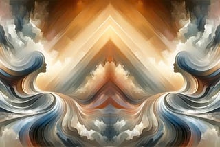 Abstract generated art with of blue and gold waves, triangles, and the silhouettes of two women