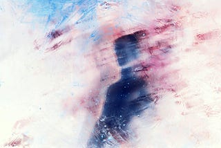 An abstract impressionistic painting of a male figure in dark brush strokes in a cloud of pink and blue.