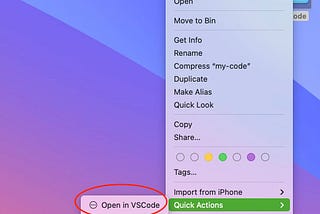 Add “Open in VSCode” option to the context menu (right-click menu) on Mac