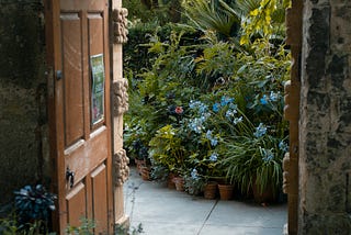 A majestic solid wood door, with honeycomb-styled carved wood bricks staggered on the door frame, has four decorative panels carved out of the same sturdy wood and has a slightly buckled poster fixed on one panel, adding a touch of character. The door opens inward to the left, a warm and inviting gesture, and is surrounded by plants near the lower left corner. The wood is a warm medium brown, exuding a sense of comfort, and opens up to a wall of lush green plants that border a concrete path.