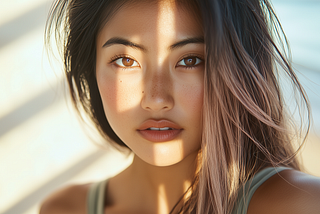 extremely close up photo of a asian woman, pink hair, shadow play reflecting through a window onto her skin and eyes, beach background, AI image created by Henrique centieiro and bee lee using Midjourney V6.1