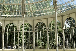 Glass panels of a greenhouse conservatory.
