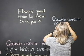 A person writing on a blackboard in several different languages