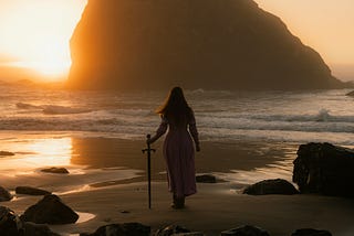 A young woman with long hair, in a dress, sword in hand, looks out on a sunset over the ocean, her back to the viewer.