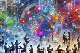 An abstract visualization featuring a colorful web of interconnected nodes and lines, representing data. A diverse group of individuals, including Caucasian, Asian, and Hispanic descent, interacts with various digital devices like tablets and laptops. The backdrop is filled with vibrant abstract shapes and colors, symbolizing innovation and clarity in data sharing, with no legible text present.