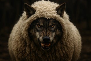 A snarling wolf disguised in a sheep’s wool cloak stares directly ahead, exposing sharp teeth beneath the deception. The image symbolizes hidden danger, manipulation, and the threat of predators who present themselves as protectors.
