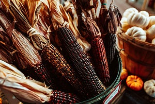 Images of corn and gourds in baskets—all symbols of Fall.