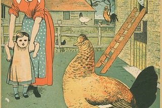 Page from a vintage children’s book of nursery rhymes with a scene of an aproned mother and child in a farmyard with a fat hen and baby chicks by a coop; text reads “9, 10, a big fat hen”