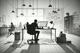 Ilustração feita por IA de um homem sentado em um computador trabalhando em uma sala com mais pessoas ao fundo.