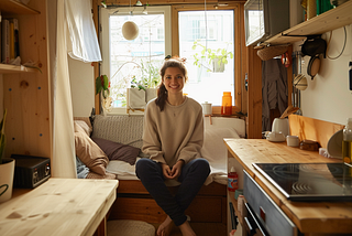 a happy woman inside a tiny apartment / flat, AI image created on MidJourney V6 by henrique centieiro and bee lee