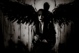 A really gothic black-and-white picture of an extremely pale witchy-looking white woman with a dark angel painted on the wall behind her.