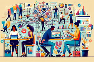 A colourful, stylized illustration depicts a dynamic office scene. Diverse individuals are shown working together and independently. In the foreground, two people work at desks with laptops. The middle ground shows a group collaborating on a project with sticky notes, while in the background others analyse data and brainstorm. The art style is modern and abstract, with intricate details suggesting a hub of creativity and teamwork.