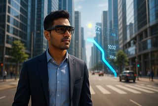 Young professional using AR glasses with digital overlays in a futuristic smart city.