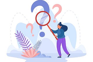 Cartoon woman holding magnifying glass and looking at a question mark