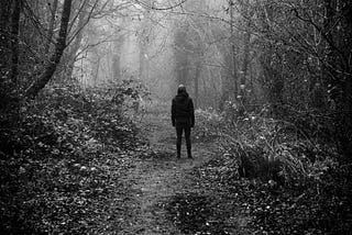 Lone figure on a woodland path — black and white photo to make it spookier