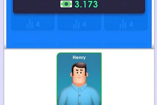 Image of mobile screen with a man called Henry. At top the value of money and at bottom the button for participate.