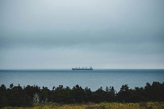 A coastline with a ship far away on the horizon