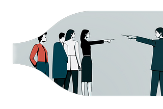 A line art illustrations of people pointing at each other. On the left side, there’s a group of professionally dressed people, and one of them is pointing at a person in a suit on the right side. Colors are drab, and blame is being placed.