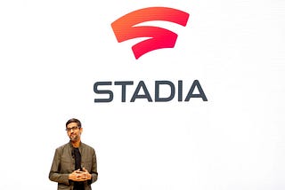 Google CEO Sundar Pichai with the Google Stadia logo in background