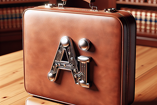 A traditional brown leather briefcase on its side with a shiny metallic AI symbol on the side.