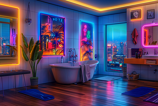 AI image created by Henrique centieiro and bee lee using the “Interior Design Consistency Hack” on MidJourney, cyberpunk style bathroom, with style reference feature
