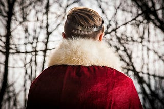 rear view of man wearing cloak and crown