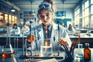 ChatGPT & DALL-E generated panoramic image showcasing a 12-year-old girl engaging in an electrolysis experiment to produce hydrogen in a school chemistry lab