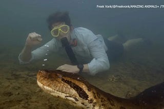 Man swimming with a 26-foot anaconda