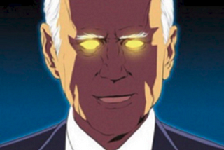 a laser-eyed cartoon joe biden saying “i’ll save you from the pandemic” with bottom text “almost one million dead on his watch”