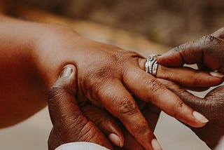 A Picture of a couple exchanging wedding rings