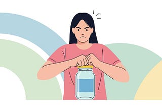 AI cartoon of woman with long dark hair struggling to open a bottle, a common form of usability failure.