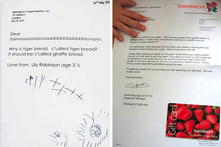 Image of a letter sent by a child to Sainsbury’s and their response