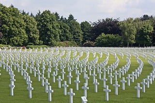 green field with dozens of white crosses in ground with green forest in background, symbolizing graves of soldiers lost to war posted on mickey markoff 2024 gold star mothers and families day article