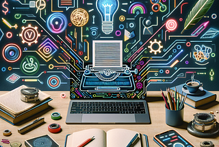 A cluttered desk with a laptop surrounded by colorful, modern AI tools and abstract symbols representing writing elements like grammar and SEO.