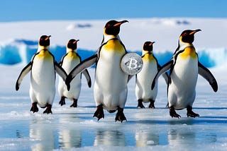 A group of playful penguins sliding and gliding on ice while holding a shiny pengu coin in their flippers