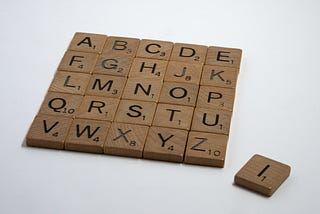 Scrabble letters from A to Z in a 5 x 5 grid. The letter I is off to the right side — not included.