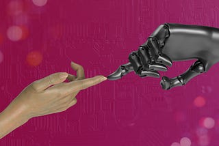 A human hand and a robotic hand are reaching out to touch each other, their fingers almost meeting. The background is a deep magenta with abstract circuit patterns and blurred lights.