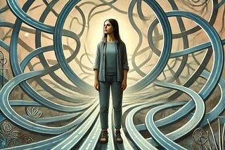 AI-generated image of a woman exploring new directions. She is surrounded by swirling highway lanes.