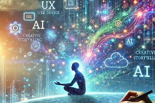 An abstract digital artwork showcasing the integration of UX design, AI, and creative storytelling. The image features floating user interface elements like buttons and sliders, streams of binary code symbolizing AI, and an open book with glowing text to represent storytelling. A silhouette of a person holding a pen is surrounded by light trails, indicating the merging of creativity and technology. The artwork uses vibrant blues, greens, and purples, creating a futuristic and engaging atmosphere