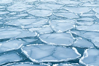 Floating plates of sea ice forming a repeating pattern with visible cracks and boundaries between them.