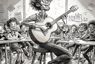 Teacher with a guitar in front of his class of students. Image created by author on Midjourney.
