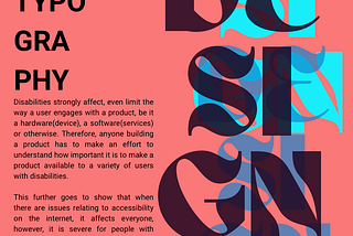 A pink chaotic poster showing the elements of design; color, typography and imagery and relationship with disability