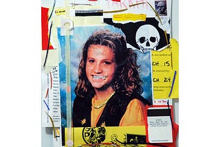 A collage of scrap paper and magazine clippings, including a girl’s portrait, a skull, and homework