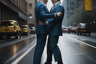 In the middle of what appears to be a busy New York street, two men in blue fancy suits have grabbed each other, as though they’re either about to wrestle or kiss.