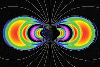 An illustration of Earth surrounded by radiation belts. The radiation belts are colored, with red in the center of each belt, fading to blue on the outer edges of the belts.