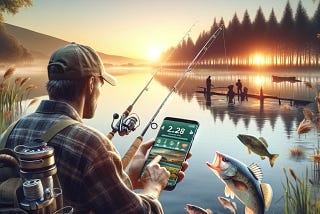 illustration depicting a serene fishing scene at dawn, with an angler using the “Fishing Pro Ultimate” app GPT on ChatGPT by a calm lake.