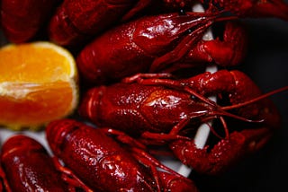 Cooked lobster, arranged around the rim of a silver colored pot.