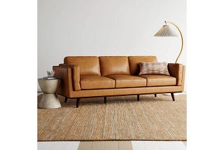 Comfortable Mid-Century Genuine Leather Sofa in Tan Brown | Image