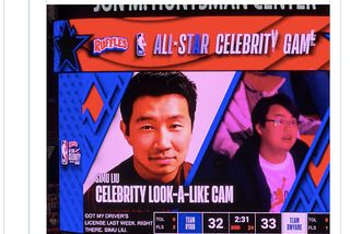 Screenshot of a Tweet actor Simu Liu posted about his celebrity headshot being compared to a person in the stadium that the celebrity look-a-like cam posted during the game.