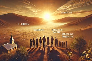 An inspiring image of a group of people standing together on a hilltop, overlooking a vast landscape at sunset, symbolizing unity, purpose, and spreading faith, conveying determination and a sense of calling.